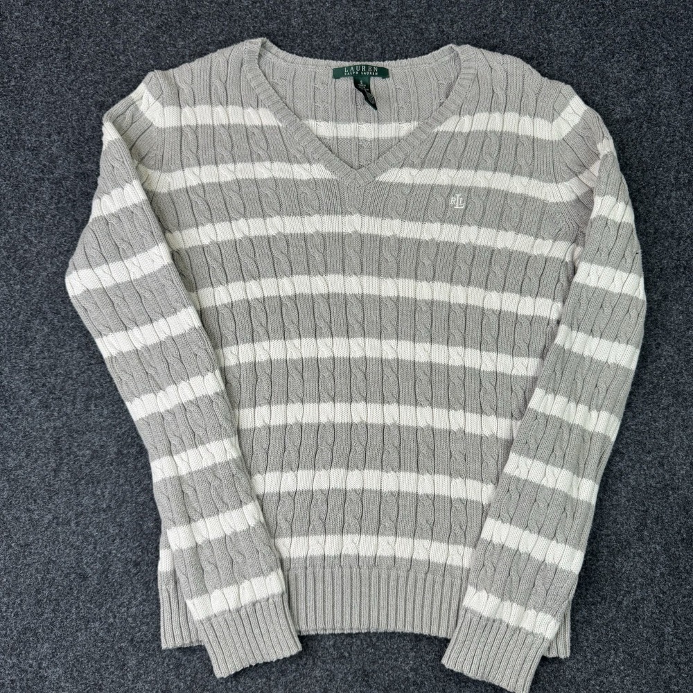 Lauren Ralph Lauren Sweater Women's S Gray White Cable Knit V Neck Preppy